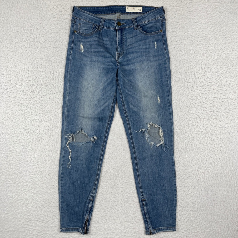 Pistola Skinny Jeans Womens 30 Blue Distressed‎ Ankle Zip Mid Rise Denim P6438N